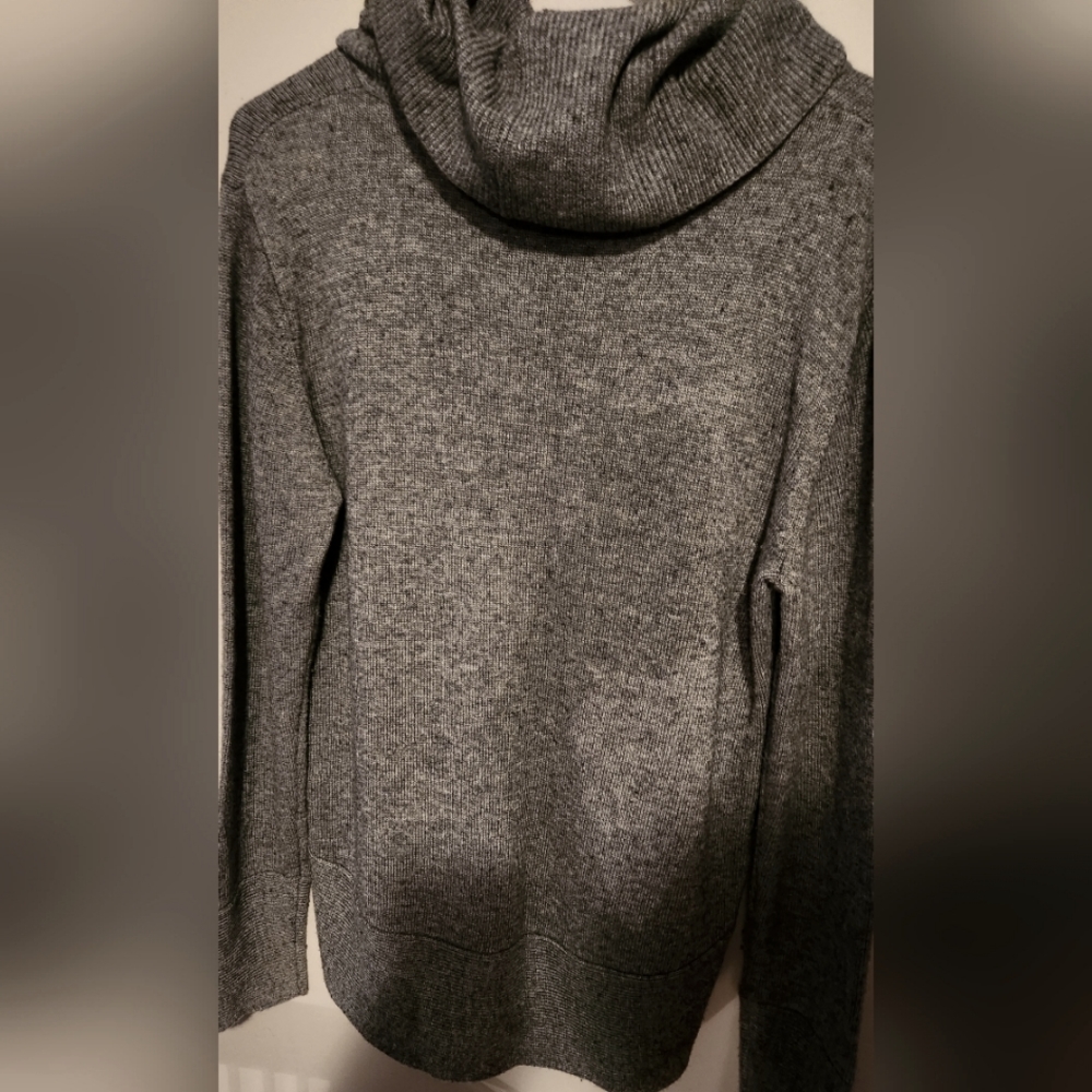 Gray, cowl neck sweater, size large, holes for thumbs